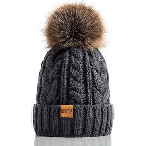 Womens Winter Warm Fleece Lined Knitted Soft Ski Cuff Beanie Hat with Pom Pom